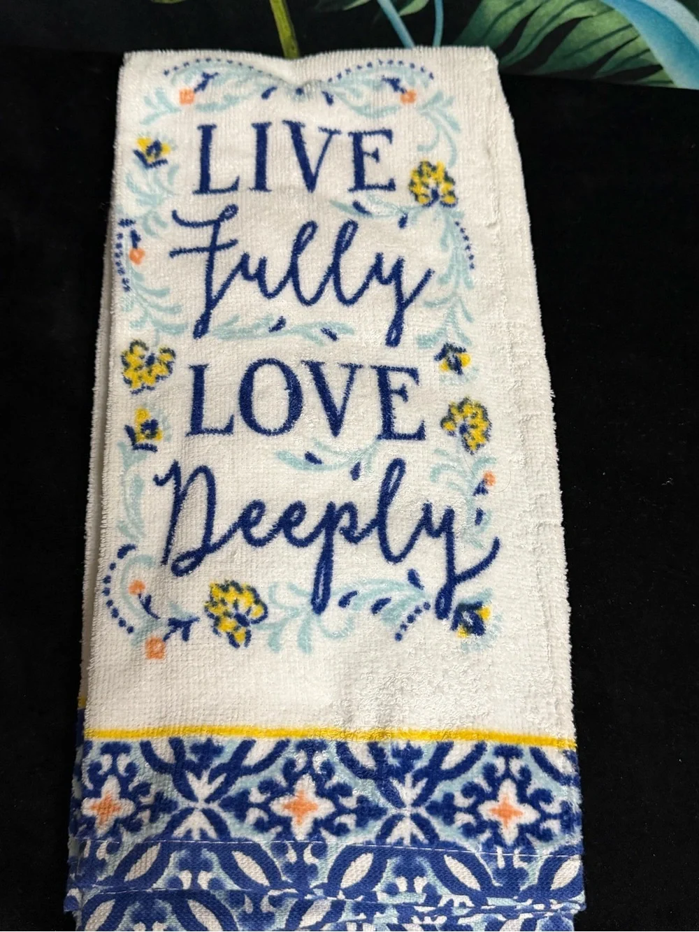 Kitchen Towel - Live Fully Love Deeply, White with Blue & Yellow